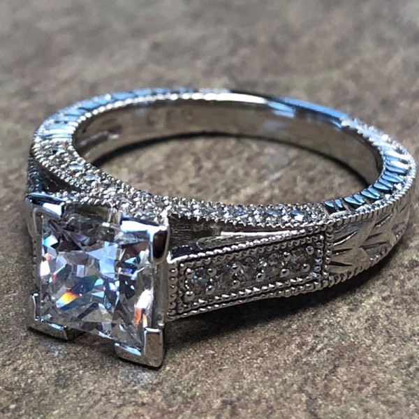14K White Gold Vintage Princess Cut Engagement Ring